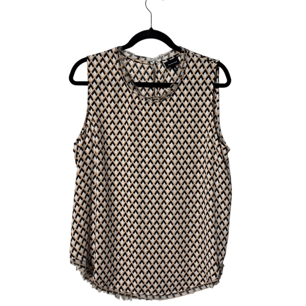 Who What Wear Black, White, and Cream Sleeveless Blouse with Fringe Details
